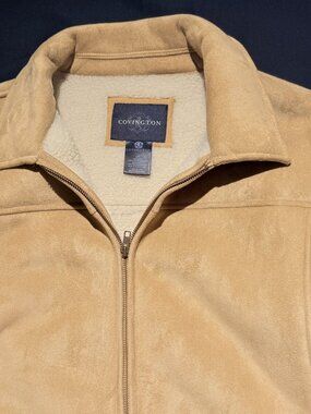 Covington Mens Faux Buckskin Jacket Large Tan Sherpa Lined Trucker Style